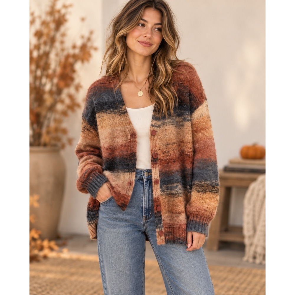 Commense Southwestern Boho Cardigan Sweater Chunky Stripes Rustic L Cabincore